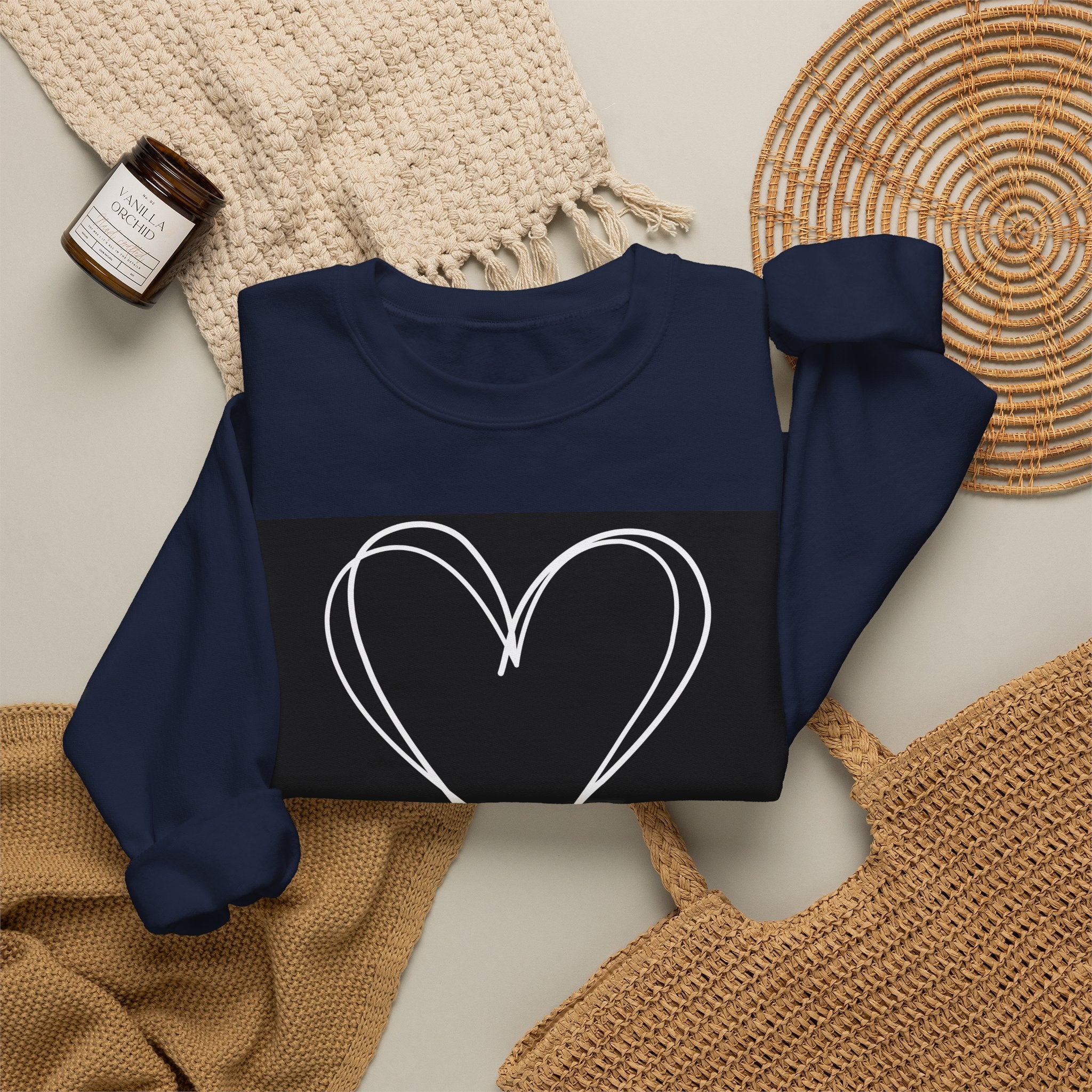 Crewneck Sweatshirt — Black Heart Sketch "#Hashtag 100% Loved" Graphic