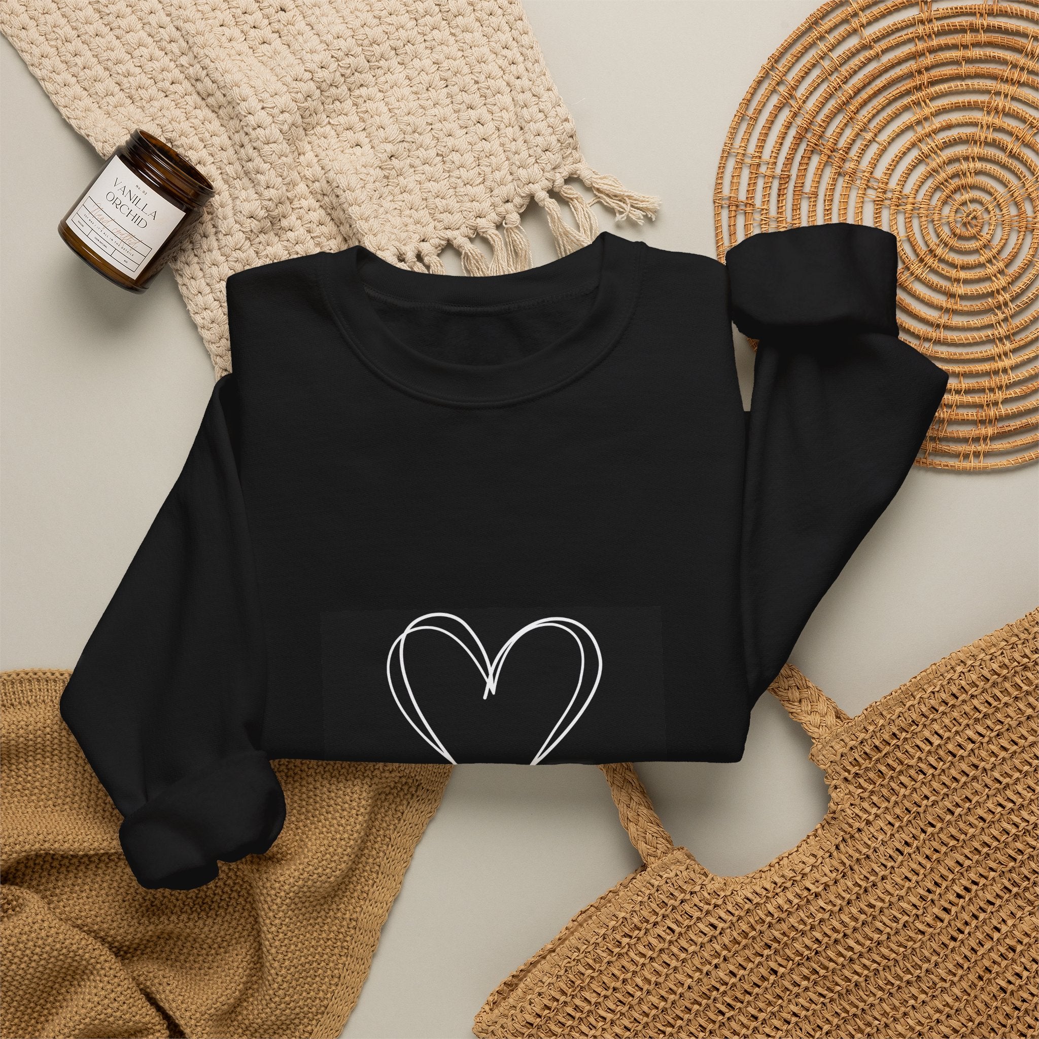 Crewneck Sweatshirt — Black Heart Sketch "#Hashtag 100% Loved" Graphic