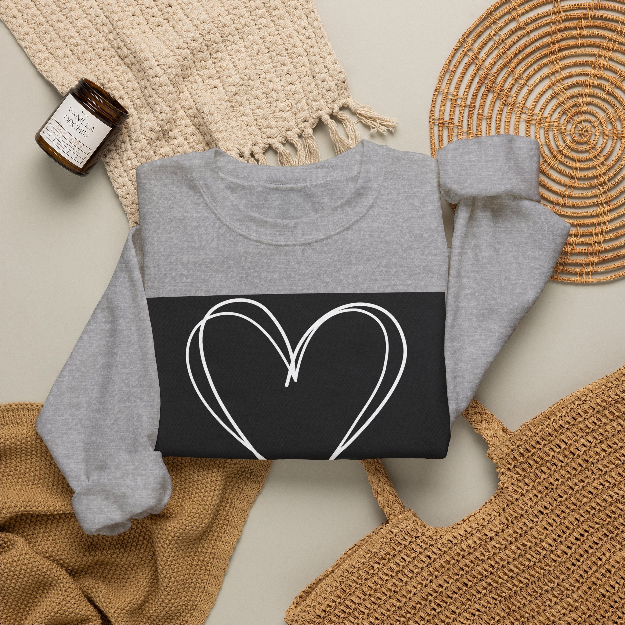 Crewneck Sweatshirt — Black Heart Sketch "#Hashtag 100% Loved" Graphic
