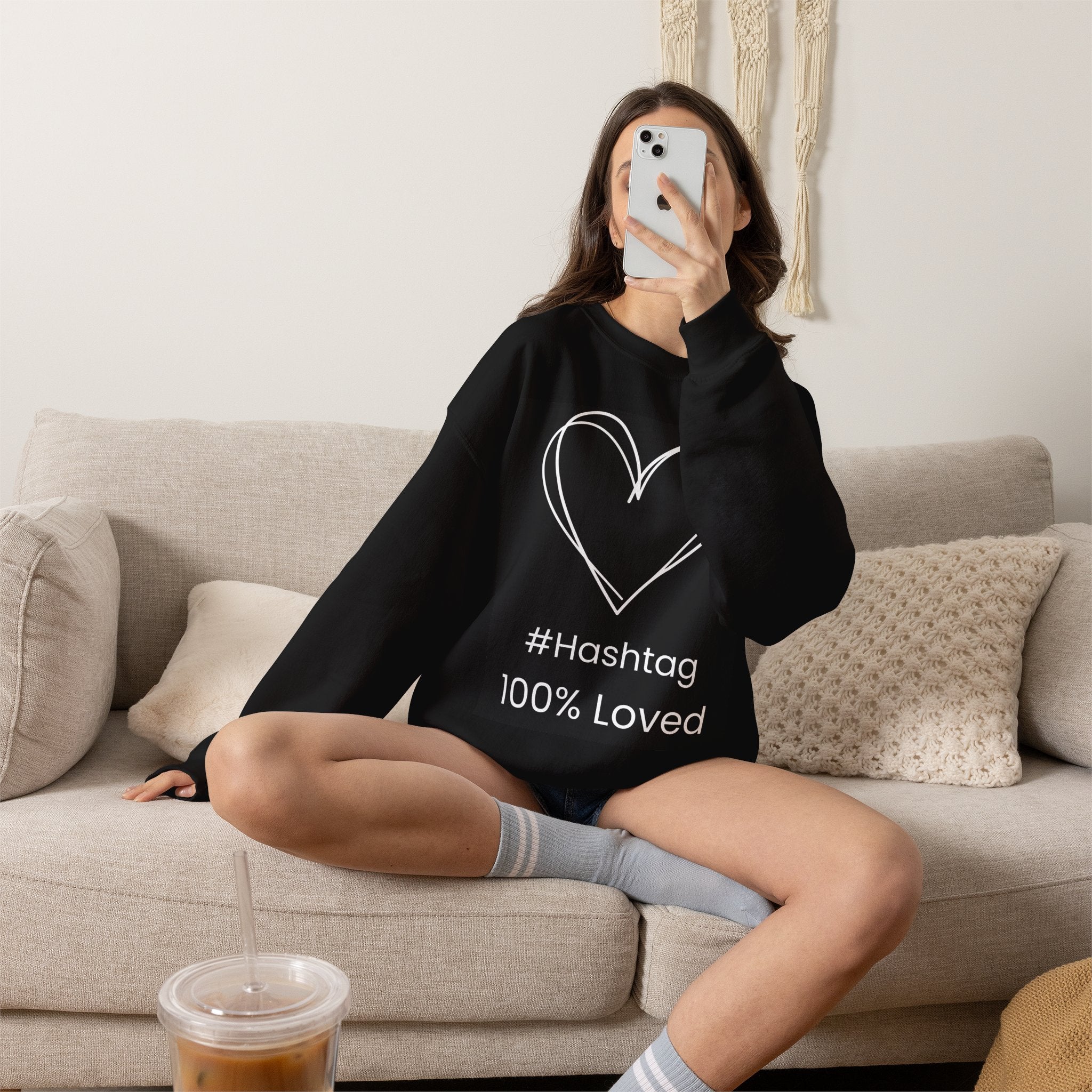 Crewneck Sweatshirt — Black Heart Sketch "#Hashtag 100% Loved" Graphic