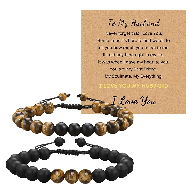 Tiger Eye Stone for Men Bracelet 8mm Black Matte Bead Bracelet for Boyfriend, Husband, My Man, My Love, Dad, Son, Grandson