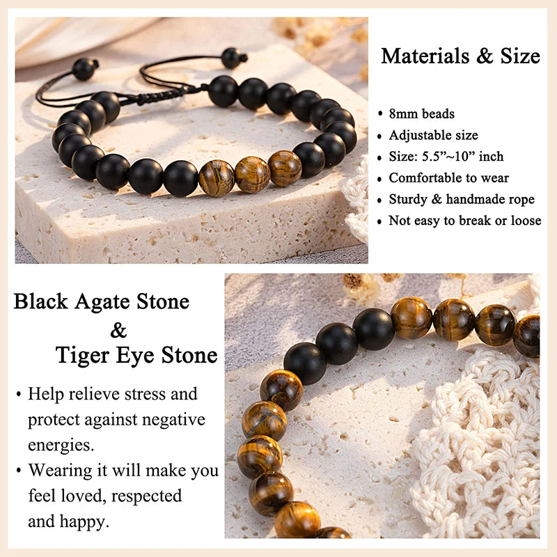 Tiger Eye Stone for Men Bracelet 8mm Black Matte Bead Bracelet for Boyfriend, Husband, My Man, My Love, Dad, Son, Grandson