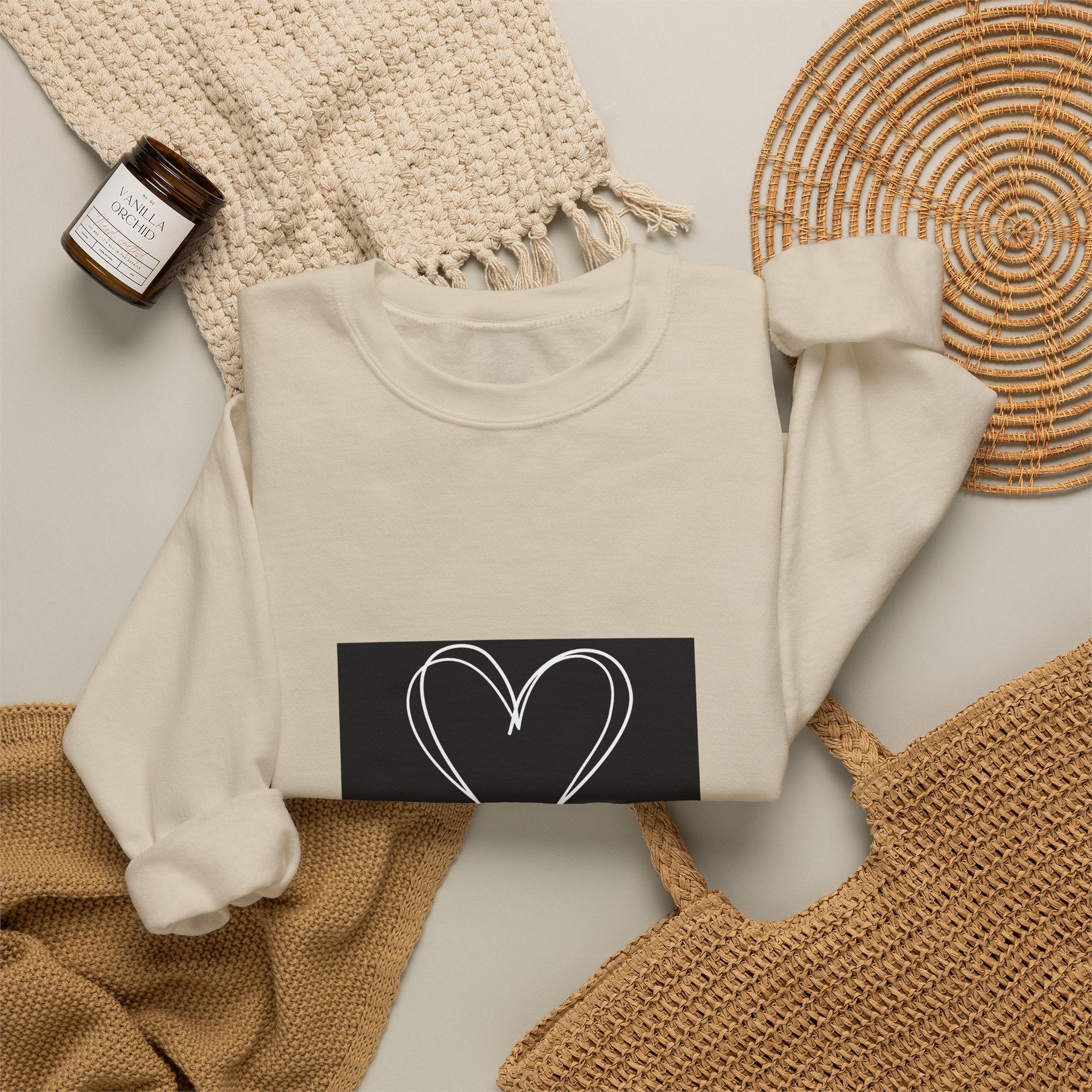 Crewneck Sweatshirt — Black Heart Sketch "#Hashtag 100% Loved" Graphic