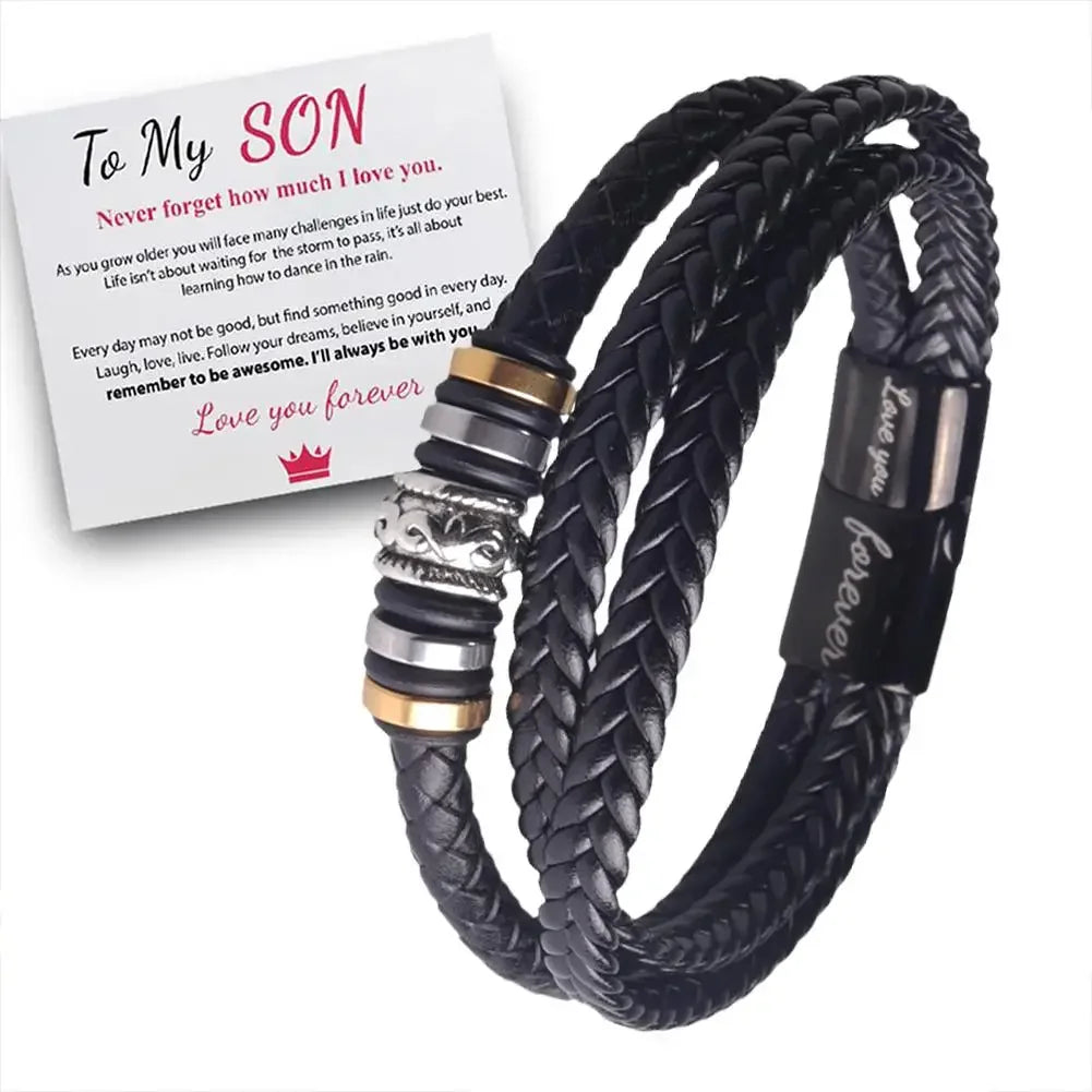 To My Son Love You Forever Leather Braided Bracelet Woven Leather Men Card Bracelet Multilayer With Steel Boys Rope Gift P3Q6