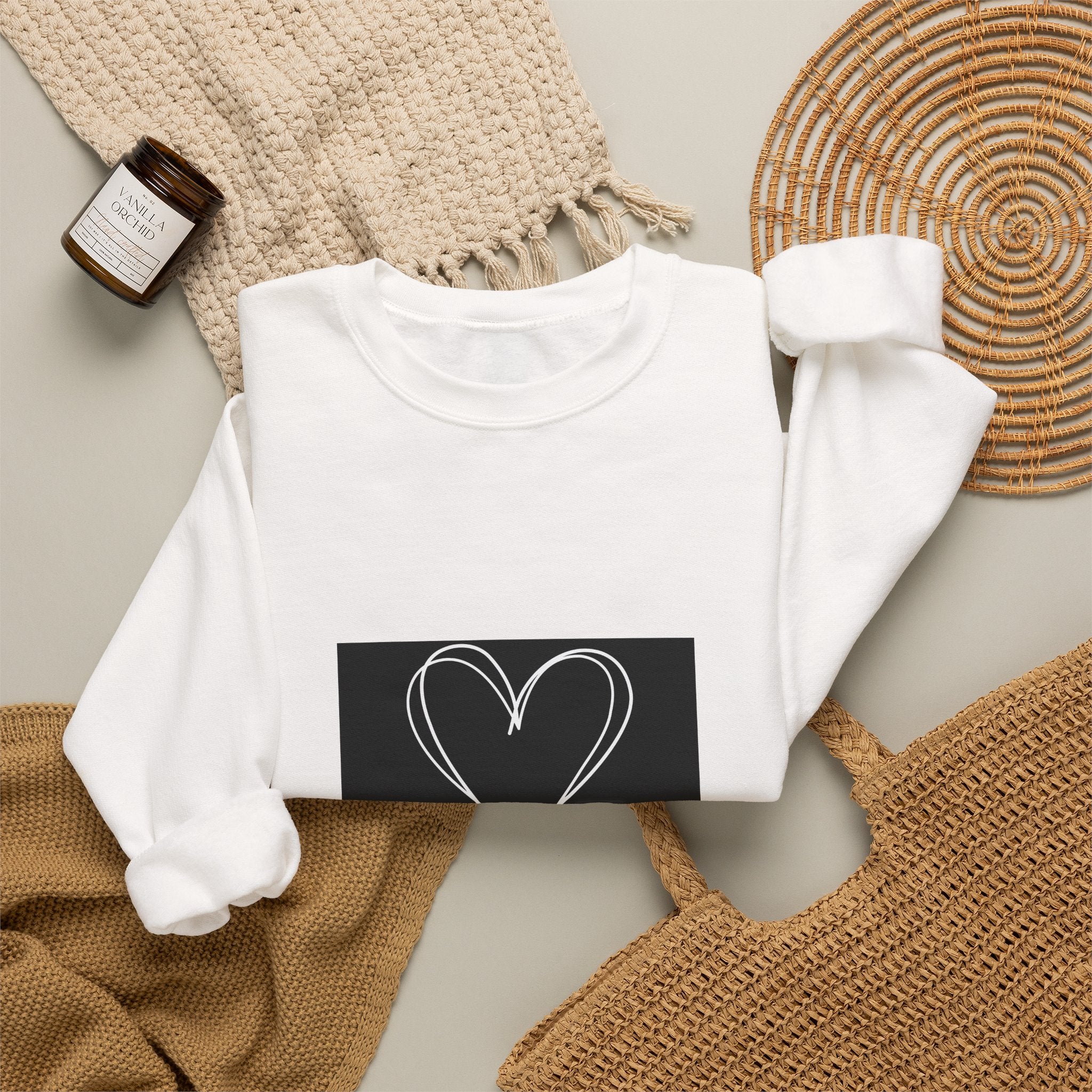 Crewneck Sweatshirt — Black Heart Sketch "#Hashtag 100% Loved" Graphic