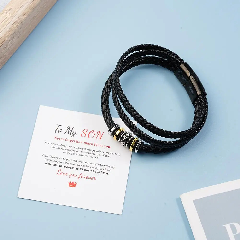 To My Son Love You Forever Leather Braided Bracelet Woven Leather Men Card Bracelet Multilayer With Steel Boys Rope Gift P3Q6