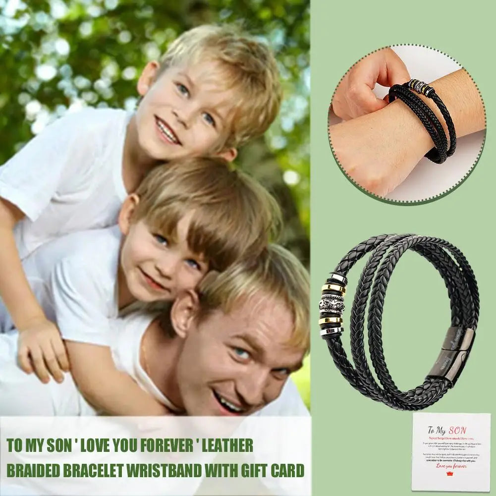 To My Son Love You Forever Leather Braided Bracelet Woven Leather Men Card Bracelet Multilayer With Steel Boys Rope Gift P3Q6