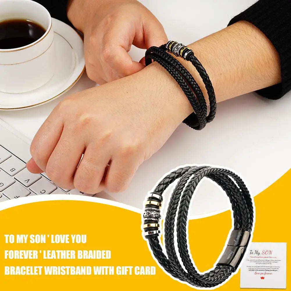 To My Son Love You Forever Leather Braided Bracelet Woven Leather Men Card Bracelet Multilayer With Steel Boys Rope Gift P3Q6