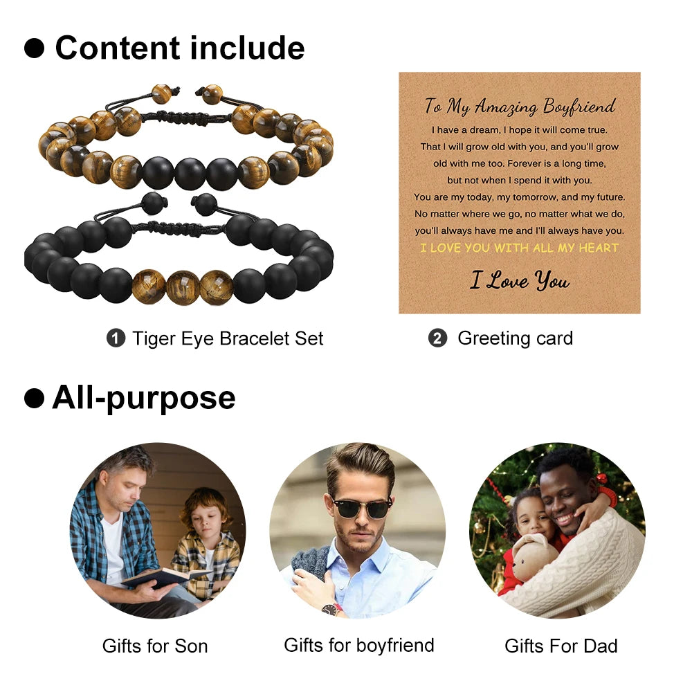 Tiger Eye Stone for Men Bracelet 8mm Black Matte Bead Bracelet for Boyfriend, Husband, My Man, My Love, Dad, Son, Grandson